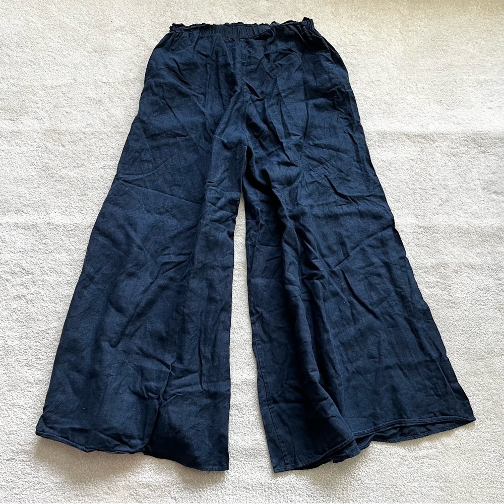 VISIBLE ART 100% LINEN NAVY WIDE LEG ELASTIC WAIST PANT SIZE XL MINIMALIST - Picture 2 of 9